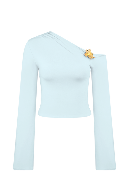 Ainsley Asymmetrical Long Sleeve Top With Floral Hardware - Pale Blue