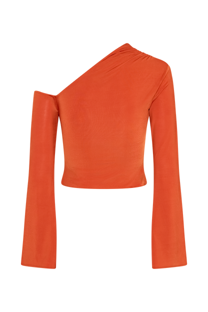Ainsley Asymmetrical Long Sleeve Top With Floral Hardware - Burnt Orange