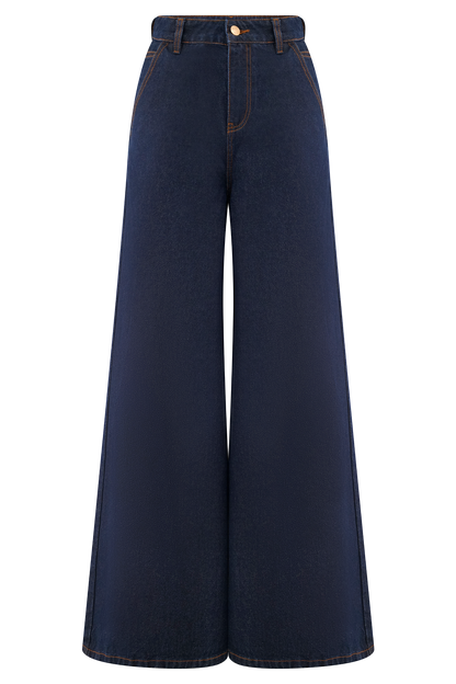 Jen Wide Leg Flare Denim Jeans - Indigo Blue